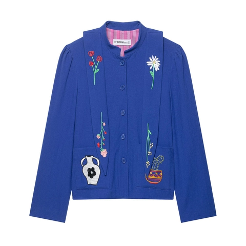 Damen Royalblau Bestickte Jacke Polyester Langarm Einreihig Revers Vintage Blume Erdbeere Lässiges Oberteil
