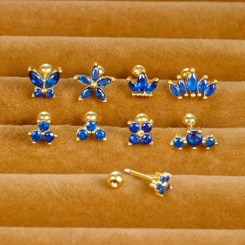 Royal Blue Zircon Stainless Steel Ear Bone Studs Flower Crown Butterfly Screw Ball Back Piercing Jewelry For Women