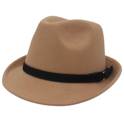 Vintage Woolen Fedora Hat British Style Jazz Cap Short Brim With Decorative Belt Gold Buckle Classic Unisex Headwear