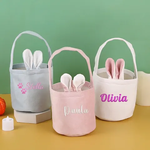 Easter Bunny Ears Velvet Basket Tote Bag Egg Hunt Party Gift Packaging Soft Fabric Handle Cylinder