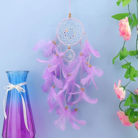 Handmade Dream Catcher Feather Wooden Beads Romantic Wall Hanging Home Decor Bohemian Style For Girls Bedroom
