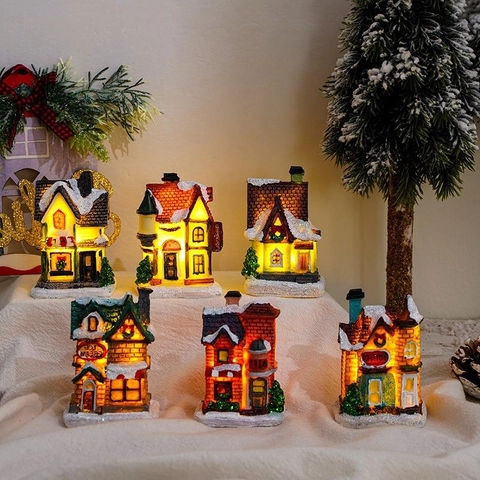 Weihnachts Dorf Haus Miniatur Harz LED Leuchtende Schneeszene Gebäude Ornament Desktop Haus Deko Geschenk