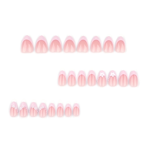 Press On Nails Roze French Tip Amandelvorm Met 3D Witte Bloem Kunstparel Decor Elegante Zoete Kunstnagels Voor Dames