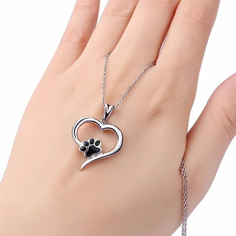 Heart Pendant Necklace With Paw Print White Gold Plated Copper Drip Oil Cute Jewelry For Pet Lovers Women Girls
