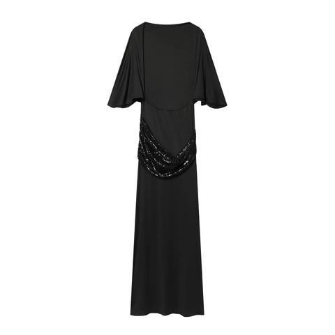 Vestido Largo Elegante Con Cinturón De Lentejuelas Mangas Murciélago Color Sólido Ajustado Poliéster Para Mujer