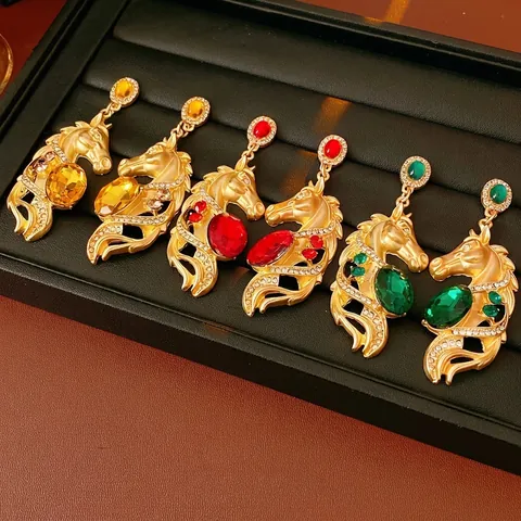 Orecchini Pendenti A Testa Di Cavallo Vintage Barocco Lega Con Grandi Pietre Preziose Strass E Perno In Argento Gioielli