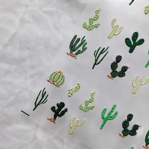 Cactus 5D Embossed Nail Art Stickers Relief DIY Manicure Decals Green Cartoon Plants PET Decoration