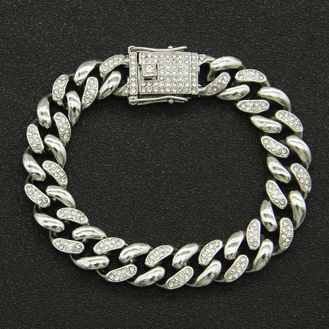 Men Hip Hop Miami Cuban Link Bracelet Iced Out Rhinestone Alloy Zinc Metal Streetwear Style Bold Fashion Hand Jewelry
