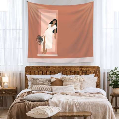 Polyester Wall Tapestry Brushed Short Plush Bohemian Abstract Art Desert Sunset Female Illustration Hanging Cloth