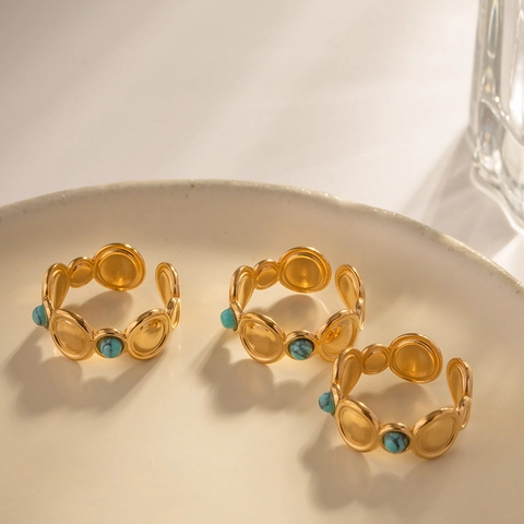 Turquoise Open Ring 18K Gold Plated Stainless Steel Adjustable Retro Geometric Bohemian Jewelry For Women