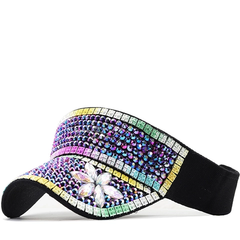 Cappello Visiera Parasole Donna Strass Colorati Lusso Fiore Cristallo Acrilico Regolabile Traspirante Berretto Spiaggia