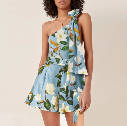 Women Asymmetric Shoulder Swimsuit And Skirt Magnolia Floral Print Nylon High Stretch Summer Beachwear