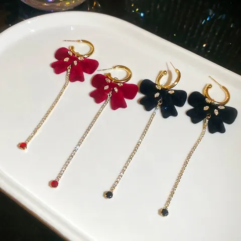 Samt Schleife Quaste Ohrringe Mit Silber Ohrstecker Lange Strass Drop Elegante Retro Schmuck Für Damen