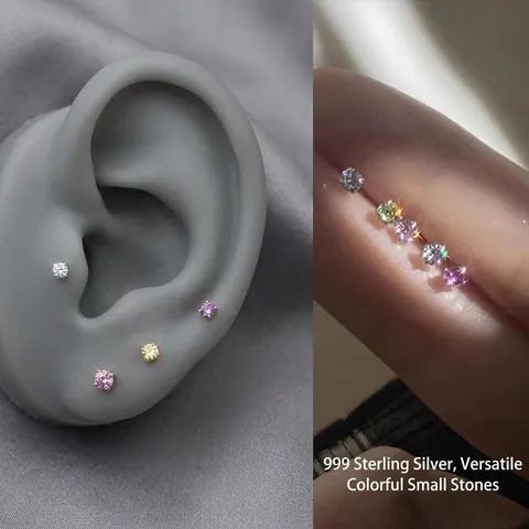 Minimalist Tiny Colorful Zircon Stud Earrings With Silver Earring Post Dainty Geometric Ear Bone Jewelry For Women