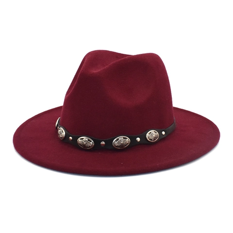 Wide Brim Fedora Hat Vintage Wool Felt Jazz Cap With Decorative Metal Concho Belt For Men Women