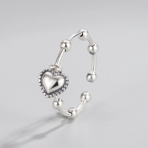 925 Sterling Silver Heart Pendant Beaded Ring Open Adjustable Retro Fashion Jewelry For Women
