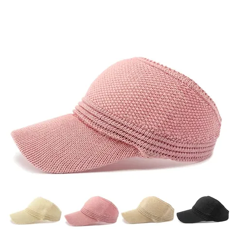 Knitted Sun Visor Hat Women Empty Top Wide Brim Breathable Mesh UV Protection Adjustable Outdoor Casual Trendy Simple