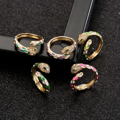 Schlangenförmiger Offener Ring Kupfer Vergoldet Bunte Emaille Tierdesign Vintage Zirkon Verstellbarer Schmuck Für Frauen