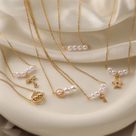 Elegante Barokke Kunstparelketting Vergulde Koperen Ketting Met Zirconia Hanger Franse Stijl Voor Dames
