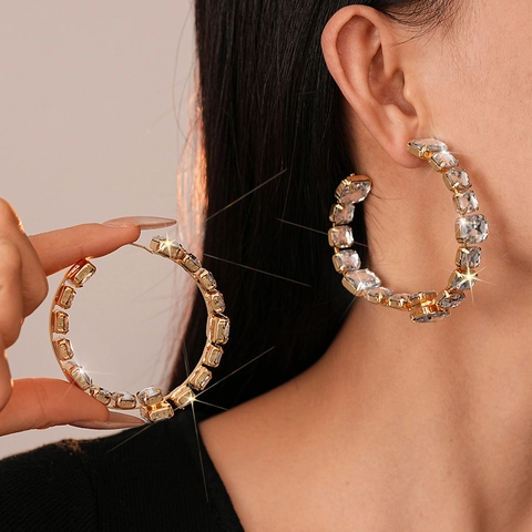 Exaggerated Geometric Hoop Earrings Alloy Square Rhinestone Jewelry With 925 Sterling Silver Earring Post Luxury Women