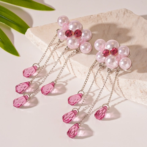 Rosa Wolke Quasten Ohrhänger Mit Imitationsperle Kristall Legierung Und Silver Earring Post Für Damen Süß Elegant
