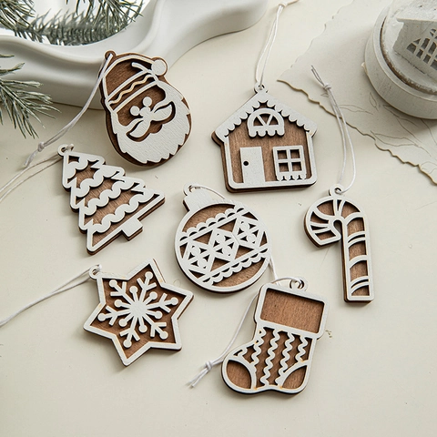 Christmas Tree Hanging Ornaments Wooden Laser Cut Snowflake Santa House Shapes Rustic Nordic Festive Home Decor Pendants