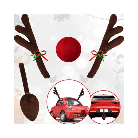 Decoración De Coche Astas De Reno Y Nariz Roja De Felpa Adornos Navideños Para Vehículos Con Cascabeles Y Cintas