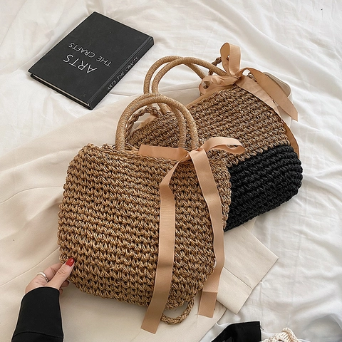 Damen Strohgewebte Handtasche Mit Satinnbandbogen Sommer Strandurlaub Umhängetasche Kontrastfarbene Kordelzug-Tote
