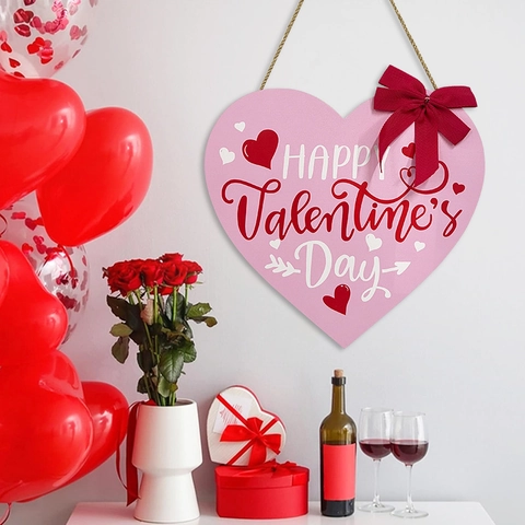 Κρεμαστή Ξύλινη Πινακίδα Καρδιά Happy Valentine's Day Με Κόκκινο Φιόγκο Και Σχοινί Κάνναβης Ροζ Διακόσμηση Τοίχου
