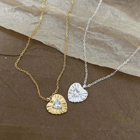 Französisch Vintage 925 Sterling Silber Herz Halskette Für Damen Elegante Gefaltete Textur Strass Anhänger Schlüsselbeinkette Schmuck Geschenk