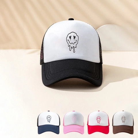 Gorra Trucker Con Estampado De Cara Sonriente Fundida Malla Transpirable Gorra De Béisbol Color En Contraste Exterior