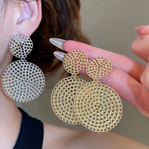 Hohl Runde Doppel Disc Hängende Ohrringe Mit 925 Sterling Silber Ohrstecker Legierung Gewebtes Netz Retro Palast Stil Damen