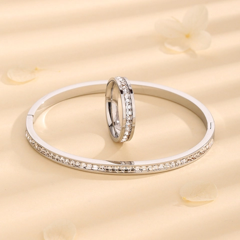 Stainless Steel Bangle And Ring With Square Cubic Zirconia 18K Gold Plated Polished Minimalist Luxury Jewelry Women