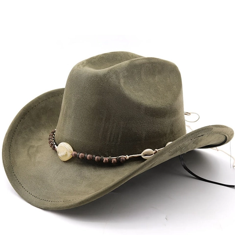 Western Cowboy Hat Suede Polyester Wide Brim Ethnic Band Wood Beads Shell Sun Protection Bohemian Fedora For Men Women