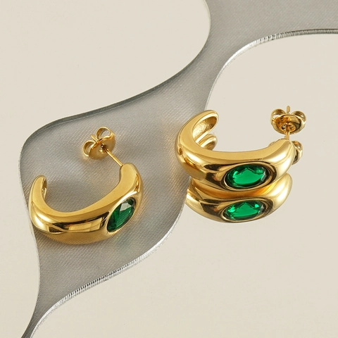 Boucles d'Oreilles Créoles en C Acier Inoxydable Plaqué Or 18K Zircon Ovale Vert Style Vintage Français Pour Femme