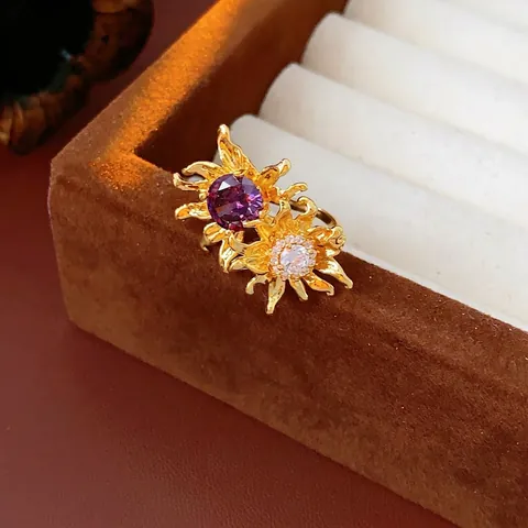 Elegante Anillo Abierto De Flores Cobre Chapado En Oro Con Circonita Morada Blanca Joyería Floral Ajustable Para Mujer