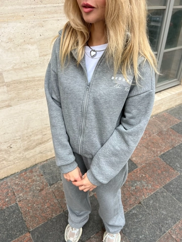 Brooklyn Letter Print Zip Up Hoodie Και Παντελόνι Casual Retro Sporty Tracksuit Γυναικείο Βαμβακερό Γκρι