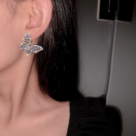 Butterfly Stud Earrings With Alloy Zircon Inlay And Silver Earring Post Sparkling Ins Style Trendy Jewelry For Women