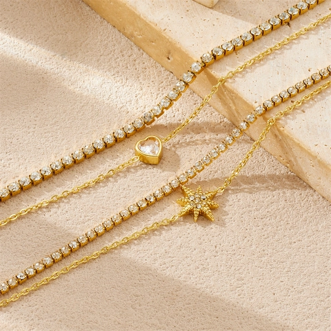Double Layer Bracelet Stainless Steel Zircon Heart Eight Pointed Star Pendant Gold Plated Versatile Shiny Women Elegant