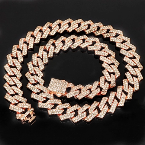 Hip Hop Cuban Link Chain Necklace Alloy Iced Out Rhinestone Two Tone Box Clasp Streetwear Jewelry For Men