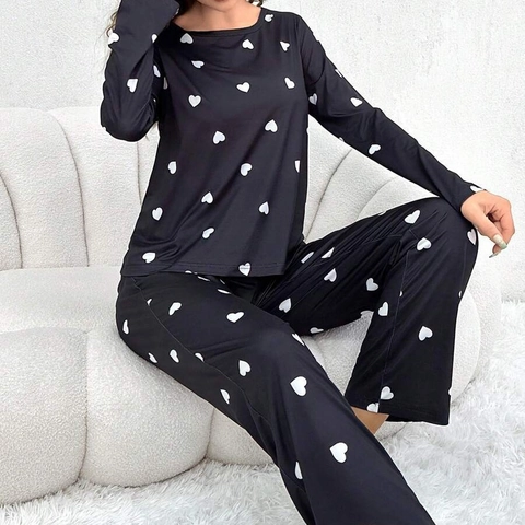 Women Pajama Top And Pants Heart Print Round Neck Long Sleeve Casual Homewear Polyester Spandex