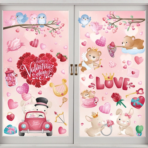 Valentinstag Fensterbilder PVC Statisch Doppelseitig Herz Bär Zwerge Glas Dekoration Abnehmbare Romantische Aufkleber