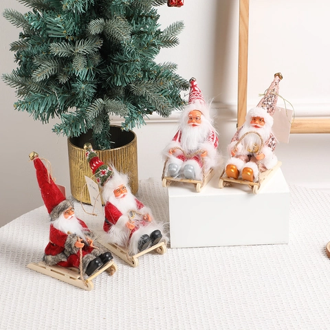 Santa Claus Sleigh Desktop Ornament Wooden Base Fabric Figurine Christmas Tree Hanging Pendant Festive Holiday Decor Doll