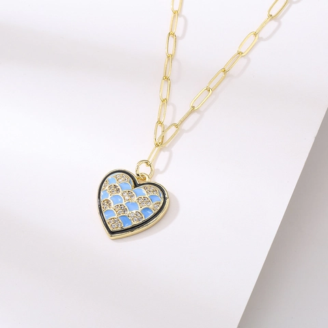 Vintage Heart Pendant Necklace 18K Gold Plated Copper Enamel Zircon Inlay INS Style Jewelry For Women