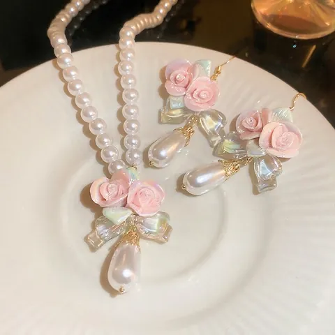 Pendientes De Gota De Rosa De Cerámica Rosa Perla Artificial De Imitación Y Lazo Irisado Joyería Elegante Para Mujer