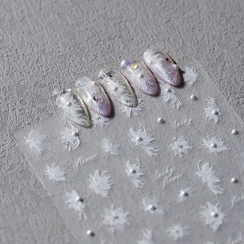 3D Relief Nail Art Stickers White Flower Artificial Pearl Design Embossed Self Adhesive Decals French Elegant DIY Manicure Decor
