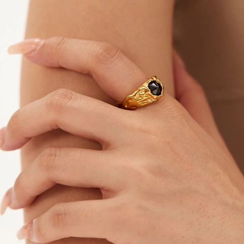 Adjustable Open Ring Stainless Steel 18K Gold Plated Black Zircon Retro Lava Texture Irregular Geometric For Women