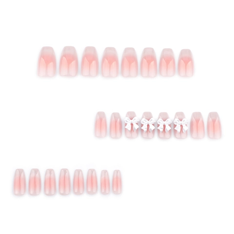 Pink Gradient Press On Nails Coffin Shape French Style With White 3D Bow Tie Decorations Glossy Artificial Nails
