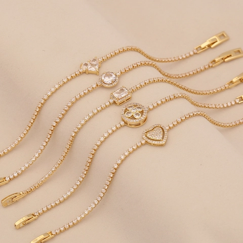 Elegant 18K Gold Plated Copper Tennis Bracelet For Women With Cubic Zirconia Heart Flower Charms Versatile