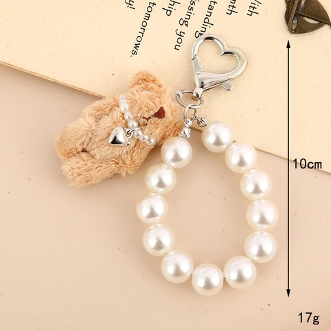 Cute Plush Bear Keychain With Artificial Pearl Bead Strap Heart Alloy Pendant For Bag Decoration Fashion Women Jewelry Gift